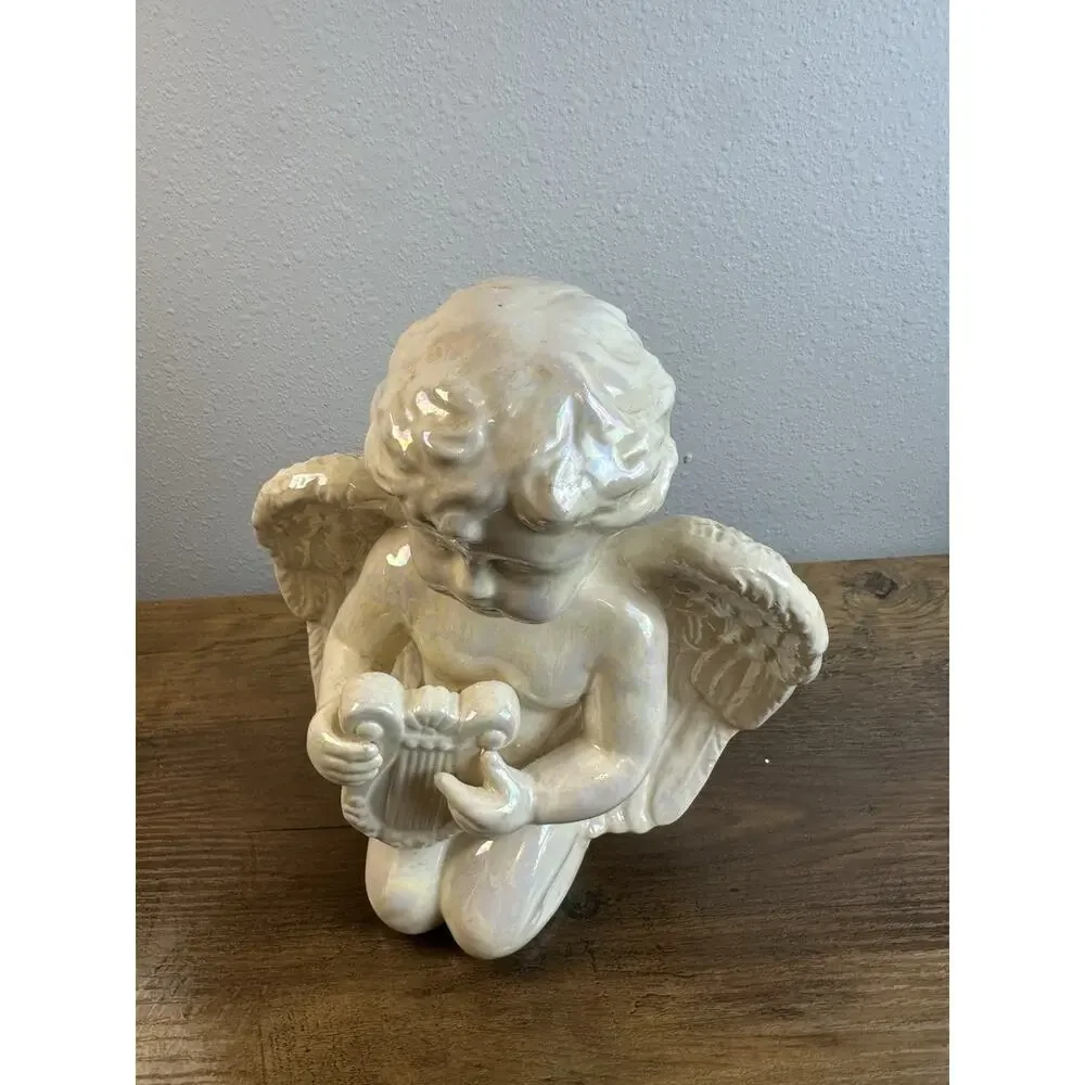 Vintage Iridescent Porcelain Angel Figurine Kneeling Harp 9.5”